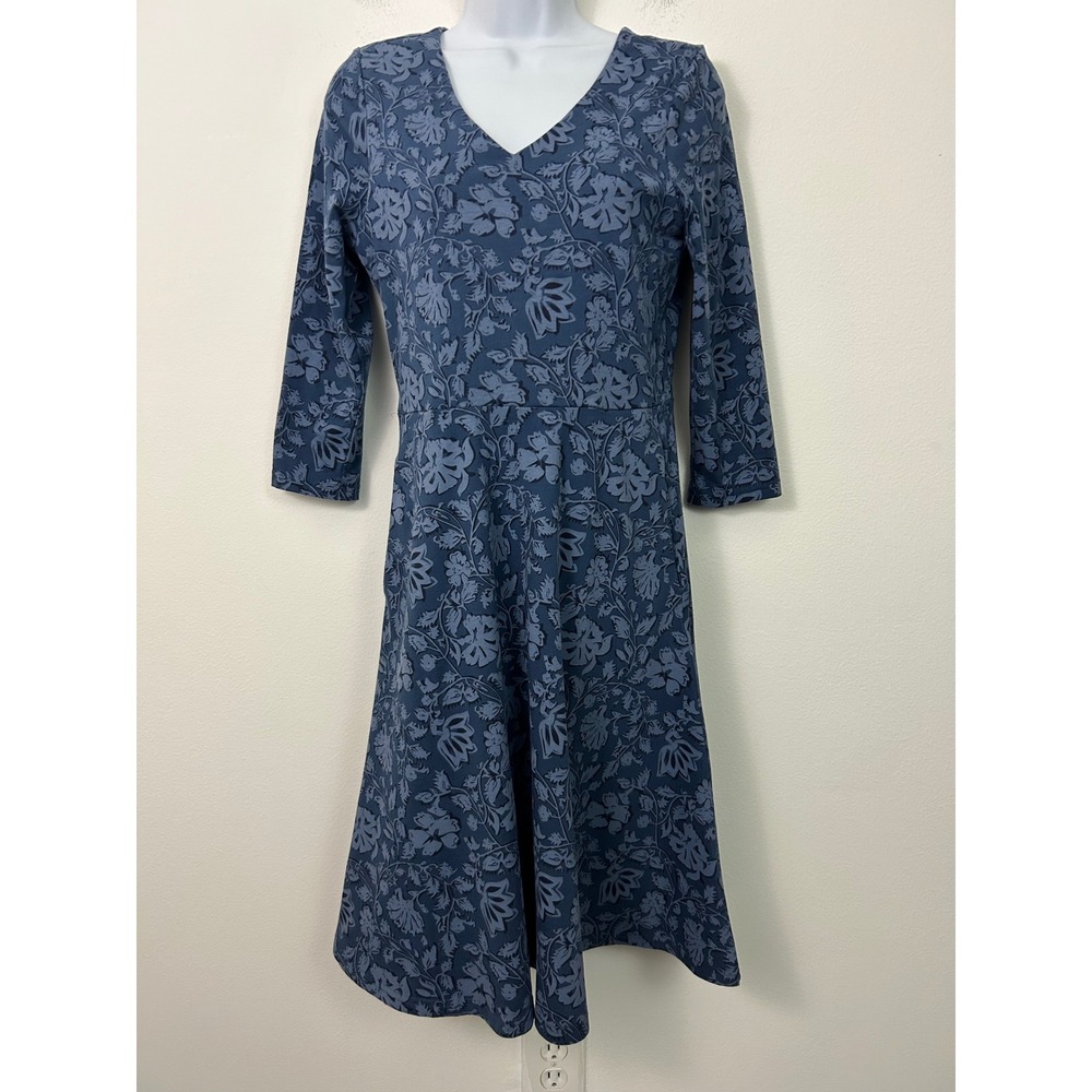 Pact Womens Small Blue Floral Organic Cotton V-Neck Fit & Flare Dress Pockets